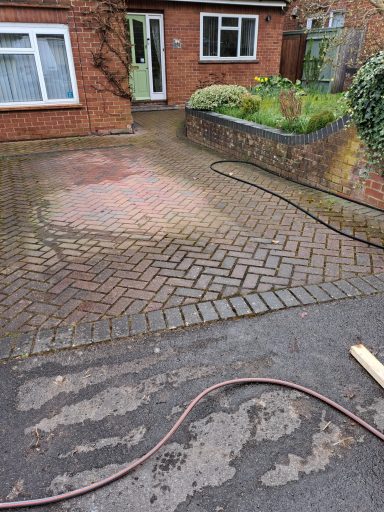 A paved driveway with a tangle of garden hose and green plants in the background.
